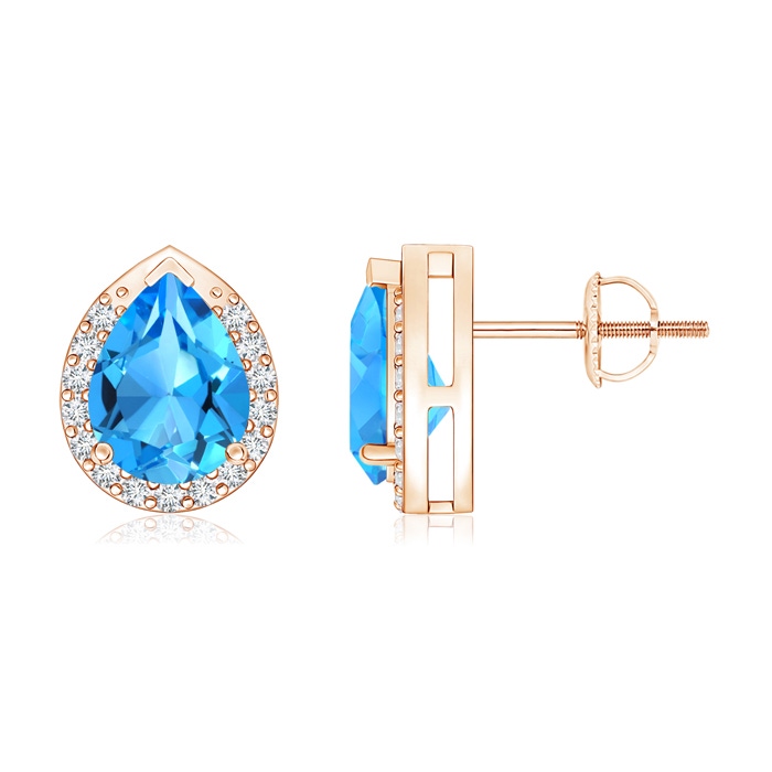 8x6mm AAAA Pear-Shaped Swiss Blue Topaz Stud Earrings with Diamond Halo in Rose Gold 