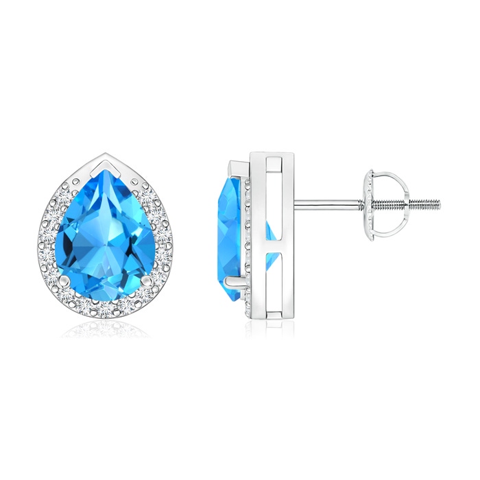 8x6mm AAAA Pear-Shaped Swiss Blue Topaz Stud Earrings with Diamond Halo in White Gold 