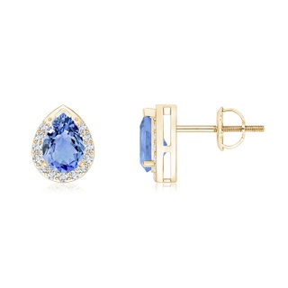 6x4mm A Pear-Shaped Tanzanite Stud Earrings with Diamond Halo in Yellow Gold