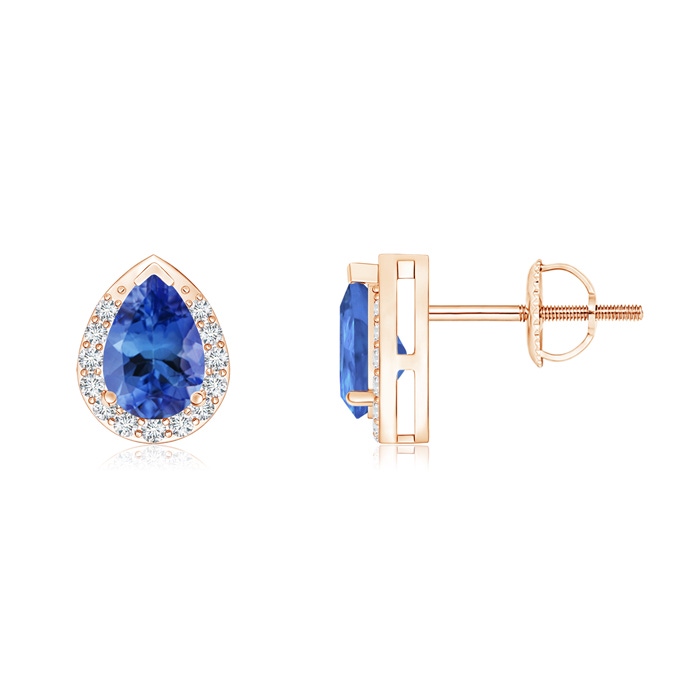 6x4mm AA Pear-Shaped Tanzanite Stud Earrings with Diamond Halo in Rose Gold 