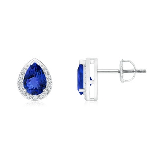 6x4mm AAA Pear-Shaped Tanzanite Stud Earrings with Diamond Halo in White Gold