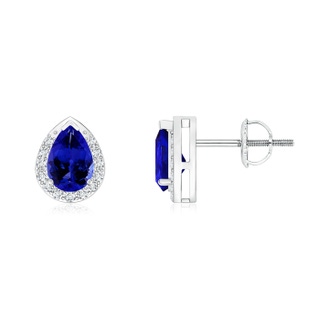 6x4mm AAAA Pear-Shaped Tanzanite Stud Earrings with Diamond Halo in P950 Platinum