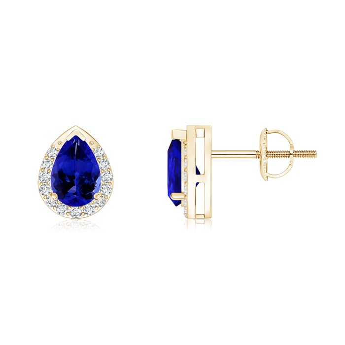 6x4mm AAAA Pear-Shaped Tanzanite Stud Earrings with Diamond Halo in Yellow Gold