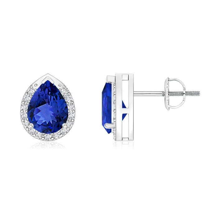 7x5mm AAA Pear-Shaped Tanzanite Stud Earrings with Diamond Halo in White Gold 