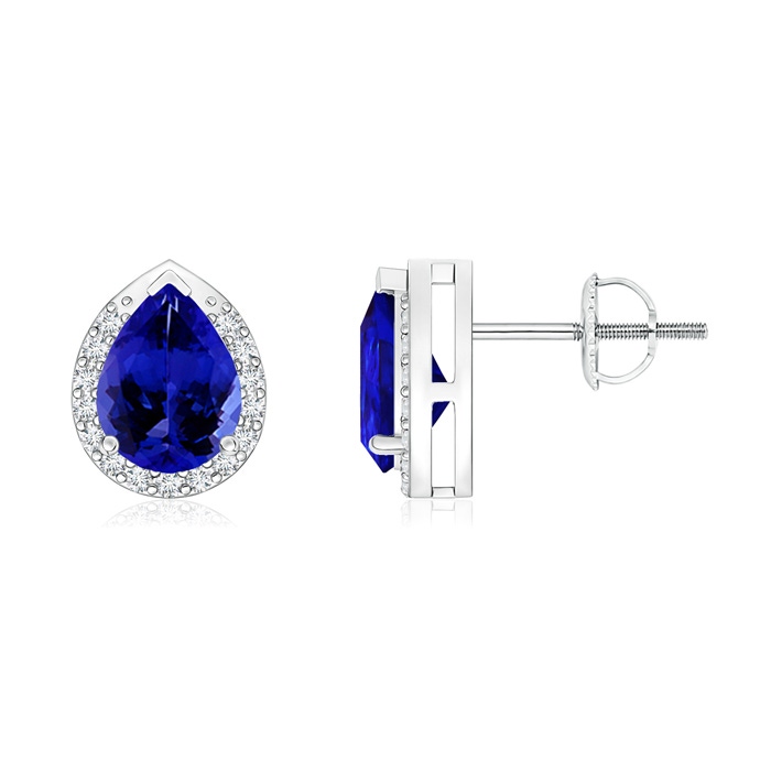 7x5mm AAAA Pear-Shaped Tanzanite Stud Earrings with Diamond Halo in White Gold 