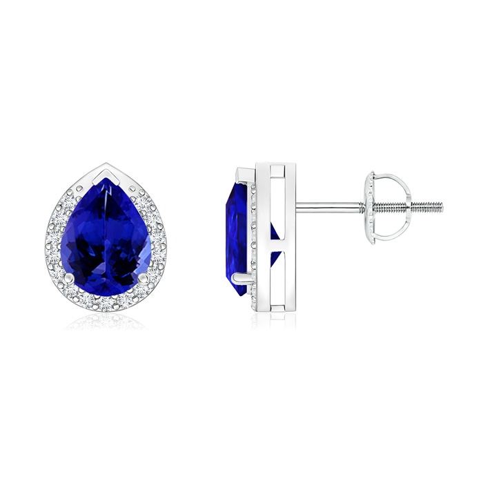 7x5mm AAAA Pear-Shaped Tanzanite Stud Earrings with Diamond Halo in White Gold