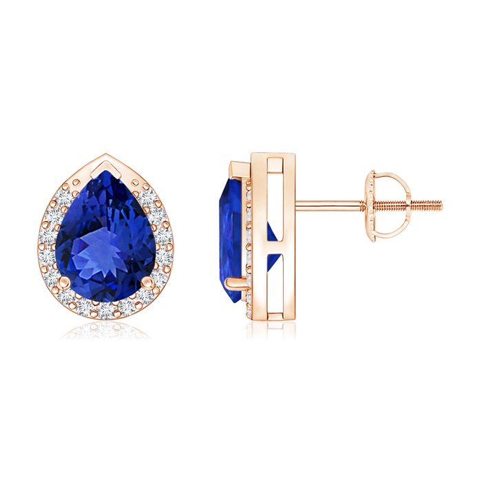 8x6mm AAA Pear-Shaped Tanzanite Stud Earrings with Diamond Halo in Rose Gold 