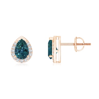 6x4mm AAA Pear-Shaped Teal Montana Sapphire Stud Earrings with Diamond Halo in 9K Rose Gold