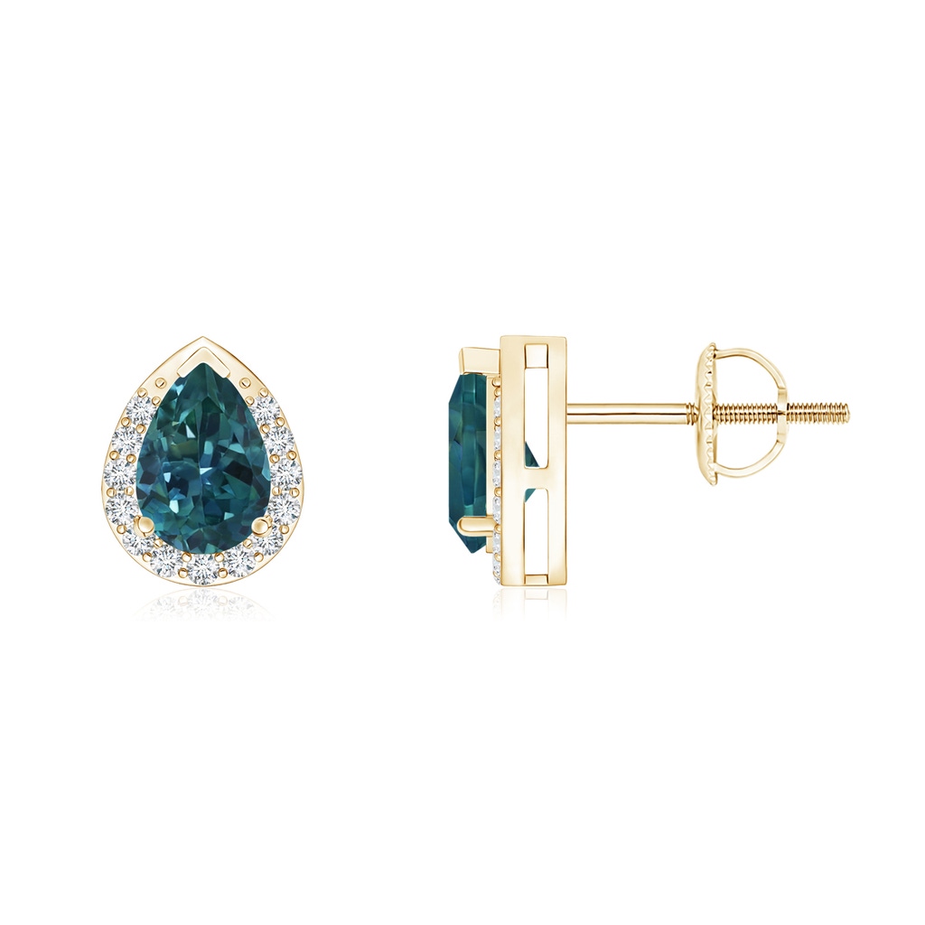 6x4mm AAA Pear-Shaped Teal Montana Sapphire Stud Earrings with Diamond Halo in Yellow Gold