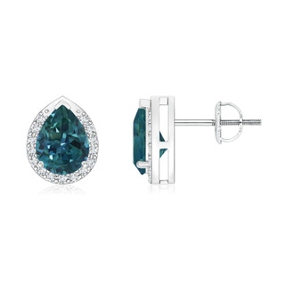 7x5mm AAA Pear-Shaped Teal Montana Sapphire Stud Earrings with Diamond Halo in P950 Platinum