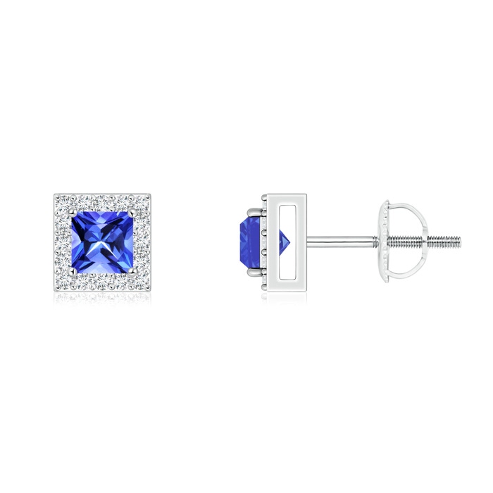 4mm AAA Square Tanzanite Stud Earrings with Diamond Halo in White Gold