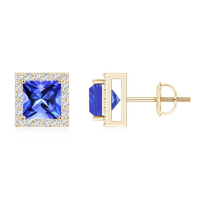 6mm AAA Square Tanzanite Stud Earrings with Diamond Halo in Yellow Gold