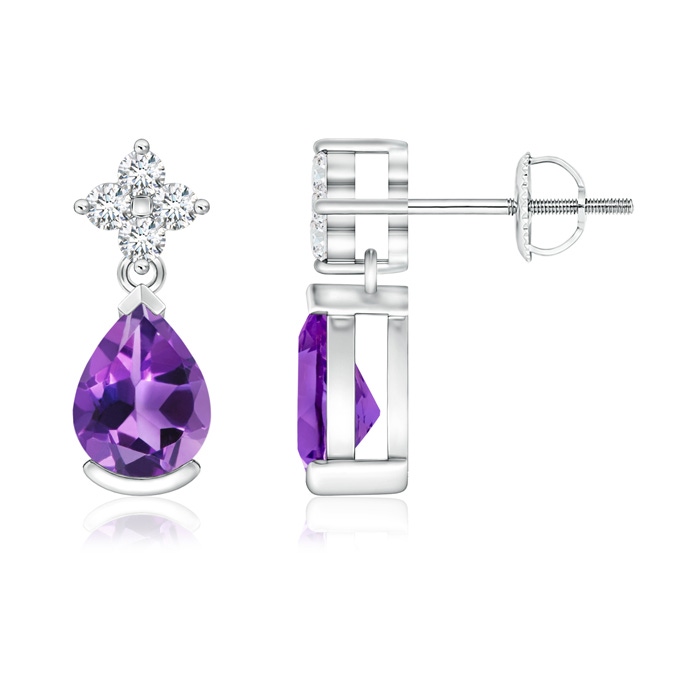 7x5mm AAA Pear-Shaped Amethyst Drop Earrings with Diamonds in White Gold