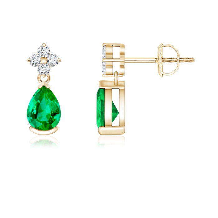 6x4mm AAA Pear-Shaped Emerald Drop Earrings with Diamonds in Yellow Gold
