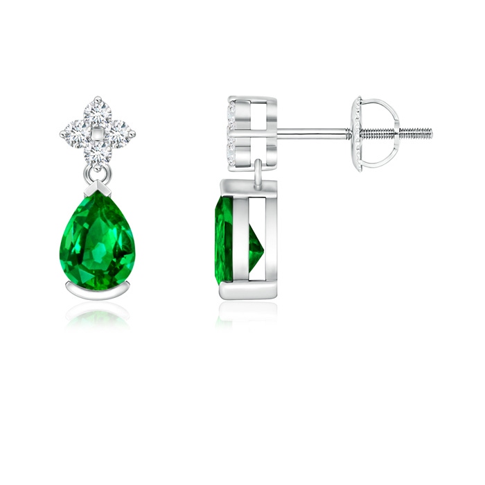 6x4mm AAAA Pear-Shaped Emerald Drop Earrings with Diamonds in White Gold