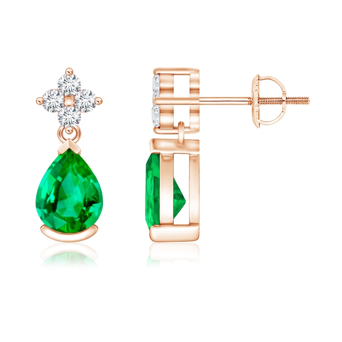7x5mm AAA Pear-Shaped Emerald Drop Earrings with Diamonds in Rose Gold 