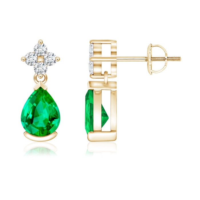 7x5mm AAA Pear-Shaped Emerald Drop Earrings with Diamonds in Yellow Gold 