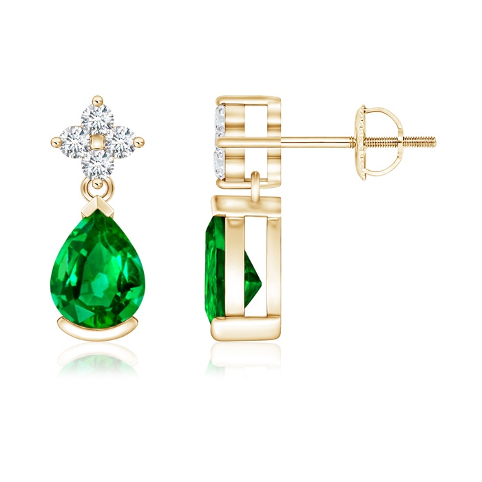 7x5mm AAAA Pear-Shaped Emerald Drop Earrings with Diamonds in Yellow Gold 