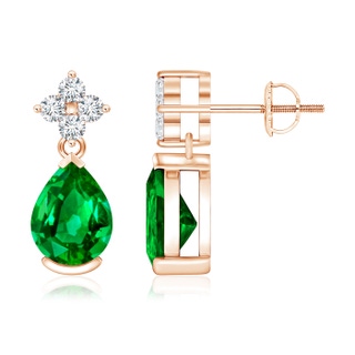 8x6mm AAAA Pear-Shaped Emerald Drop Earrings with Diamonds in 9K Rose Gold