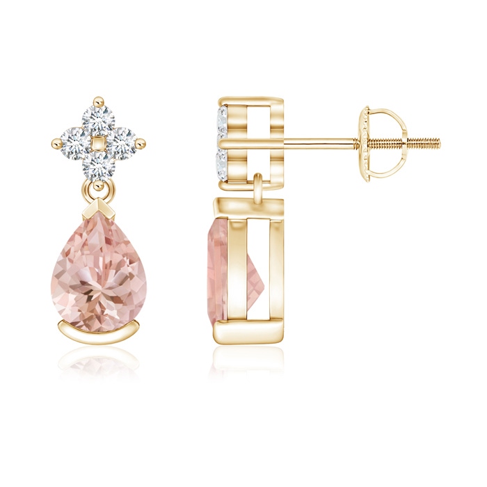 7x5mm AAAA Pear-Shaped Morganite Drop Earrings with Diamonds in Yellow Gold