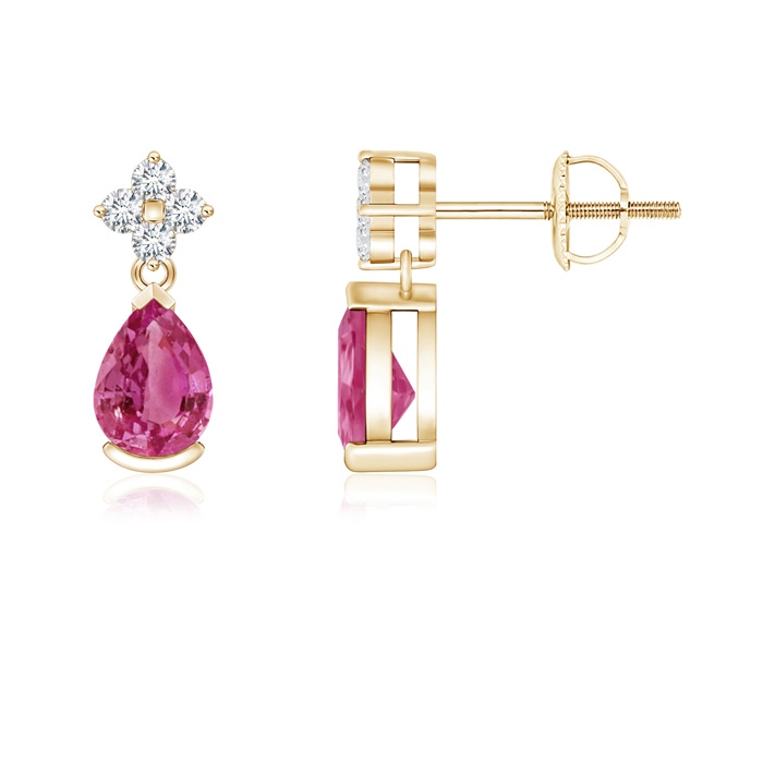6x4mm AAAA Pear-Shaped Pink Sapphire Drop Earrings with Diamonds in Yellow Gold