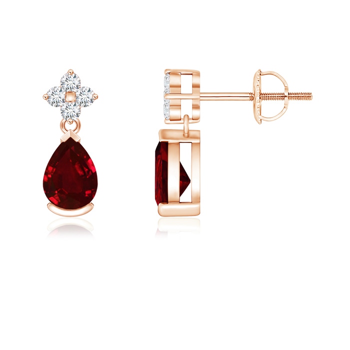6x4mm AAAA Pear-Shaped Ruby Drop Earrings with Diamonds in Rose Gold