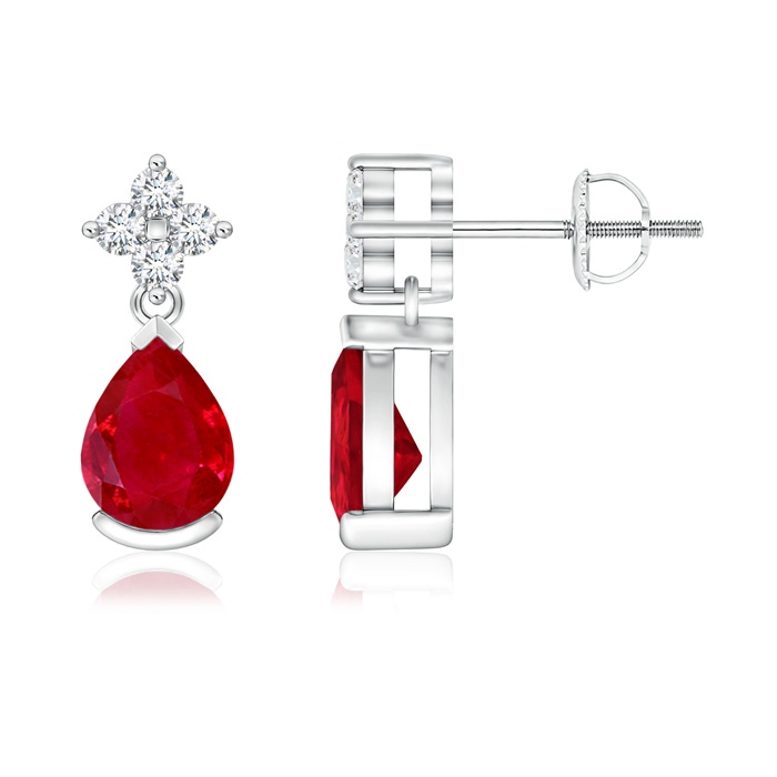 7x5mm AAA Pear-Shaped Ruby Drop Earrings with Diamonds in White Gold