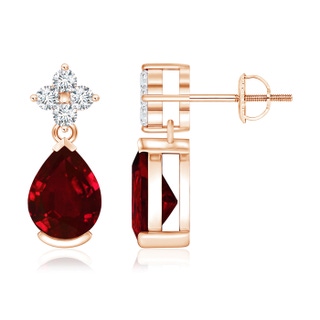 8x6mm AAAA Pear-Shaped Ruby Drop Earrings with Diamonds in 10K Rose Gold