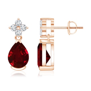 8x6mm AAAA Pear-Shaped Ruby Drop Earrings with Diamonds in Rose Gold