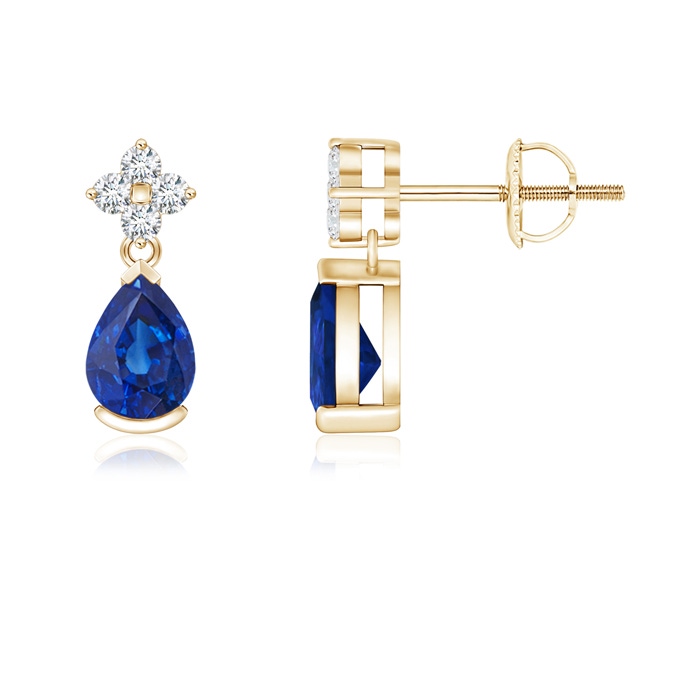 6x4mm AAA Pear-Shaped Blue Sapphire Drop Earrings with Diamonds in Yellow Gold 