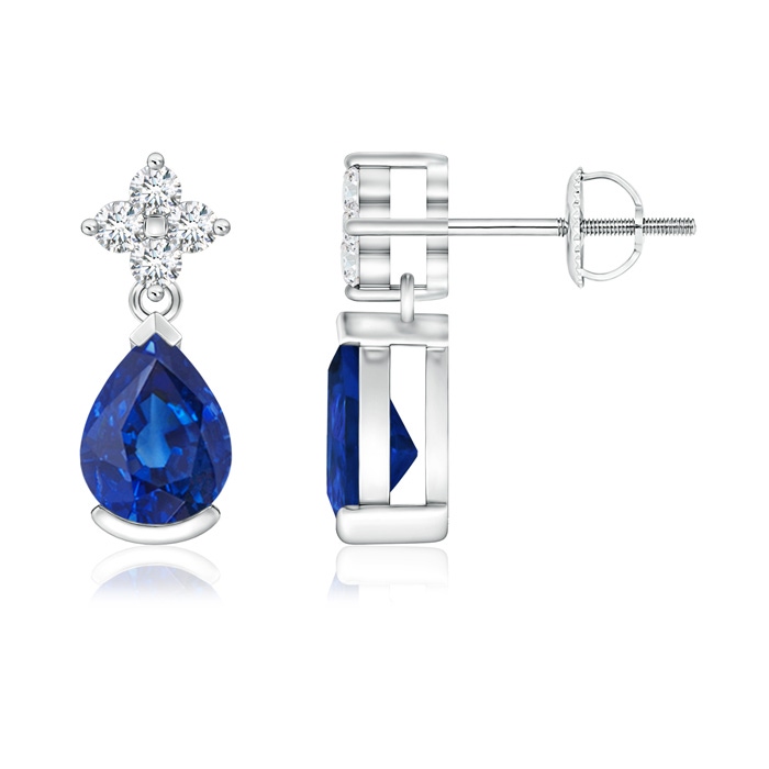 7x5mm AAA Pear-Shaped Blue Sapphire Drop Earrings with Diamonds in White Gold 