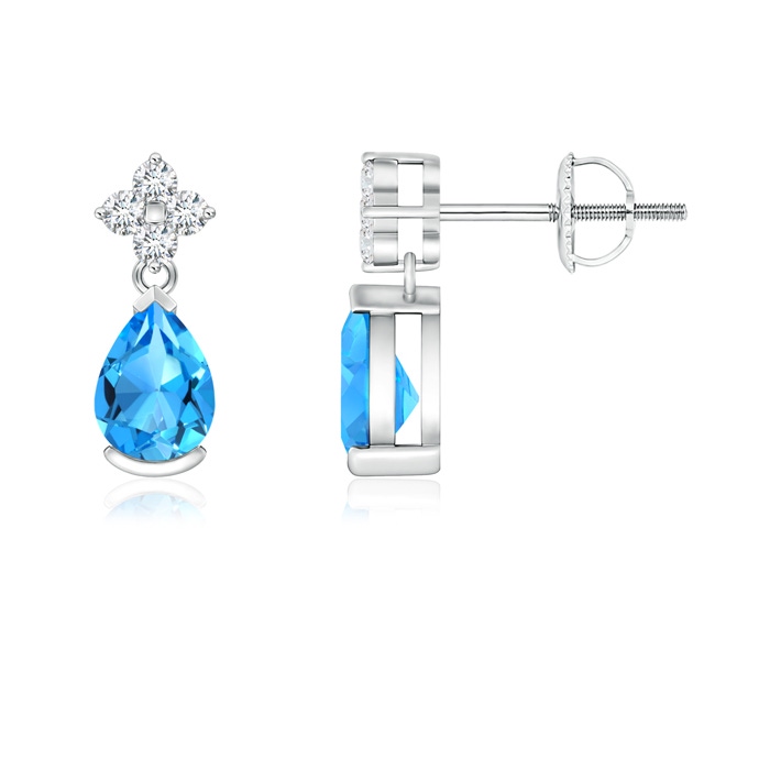 6x4mm AAAA Pear-Shaped Swiss Blue Topaz Earrings with Diamonds in P950 Platinum