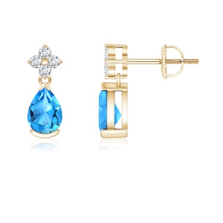 6x4mm AAAA Pear-Shaped Swiss Blue Topaz Earrings with Diamonds in Yellow Gold