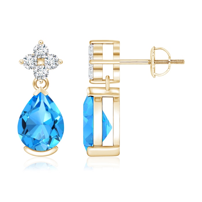 8x6mm AAAA Pear-Shaped Swiss Blue Topaz Earrings with Diamonds in Yellow Gold