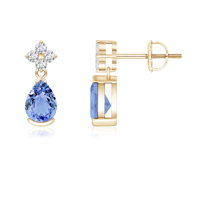 6x4mm A Pear-Shaped Tanzanite Drop Earrings with Diamonds in Yellow Gold 