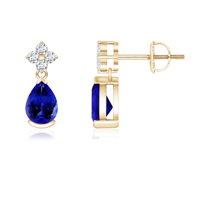 6x4mm AAAA Pear-Shaped Tanzanite Drop Earrings with Diamonds in Yellow Gold 