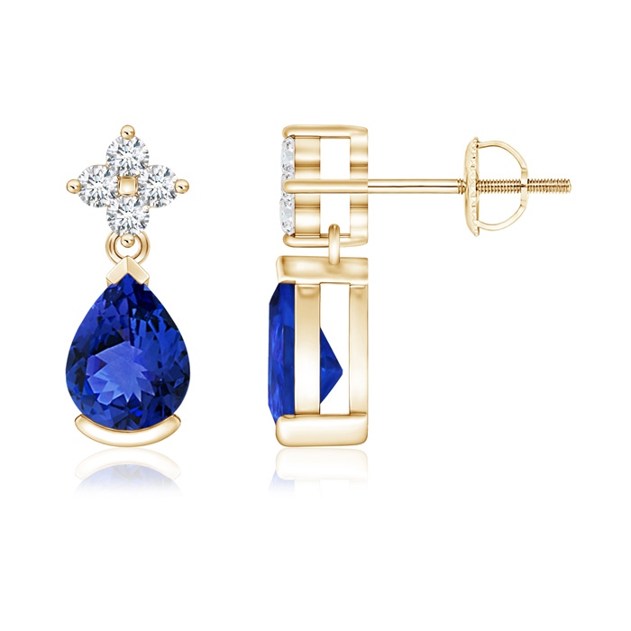 7x5mm AAA Pear-Shaped Tanzanite Drop Earrings with Diamonds in Yellow Gold 