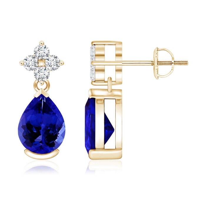 8x6mm AAAA Pear-Shaped Tanzanite Drop Earrings with Diamonds in Yellow Gold 