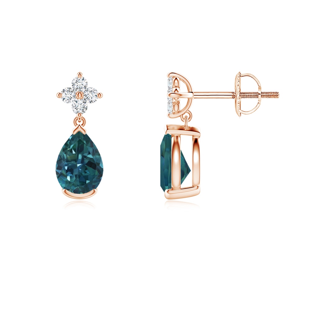 6x4mm AAA Pear-Shaped Teal Montana Sapphire Drop Earrings with Diamonds in Rose Gold