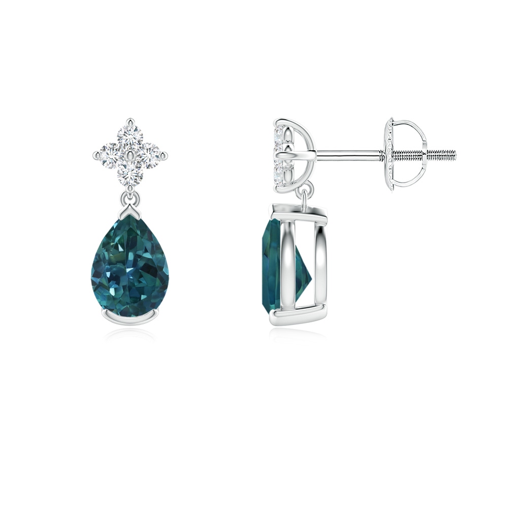 6x4mm AAA Pear-Shaped Teal Montana Sapphire Drop Earrings with Diamonds in White Gold