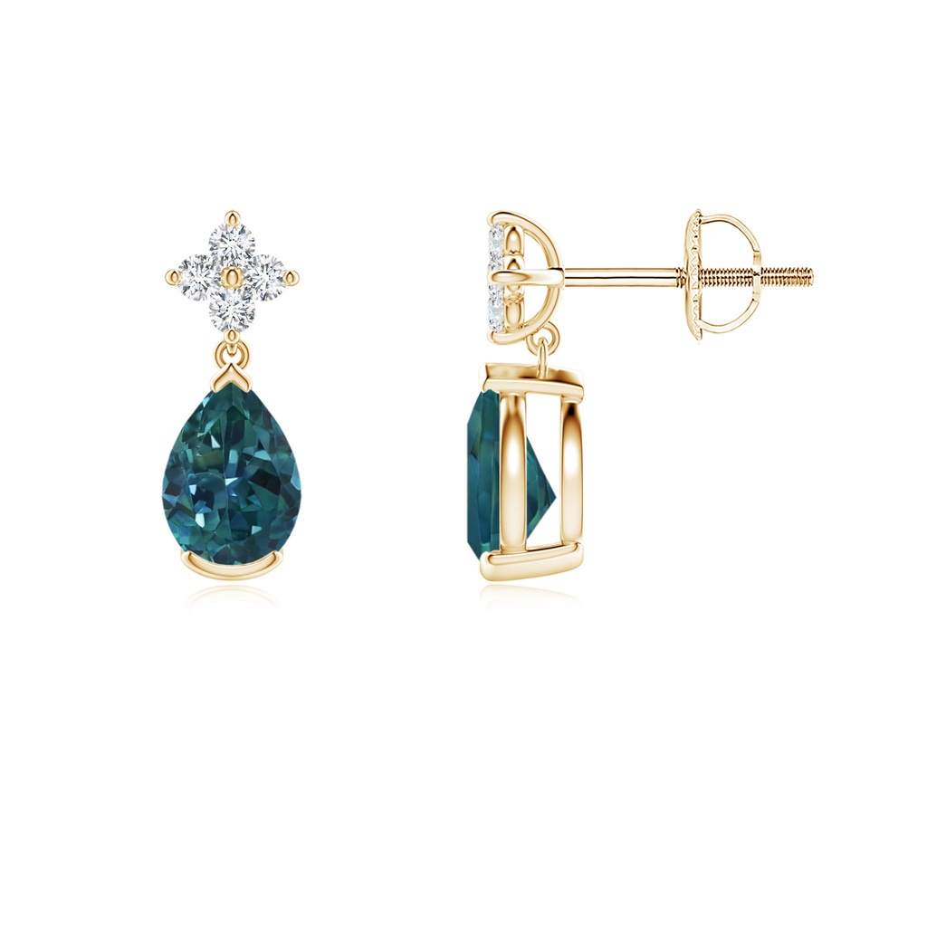 6x4mm AAA Pear-Shaped Teal Montana Sapphire Drop Earrings with Diamonds in Yellow Gold