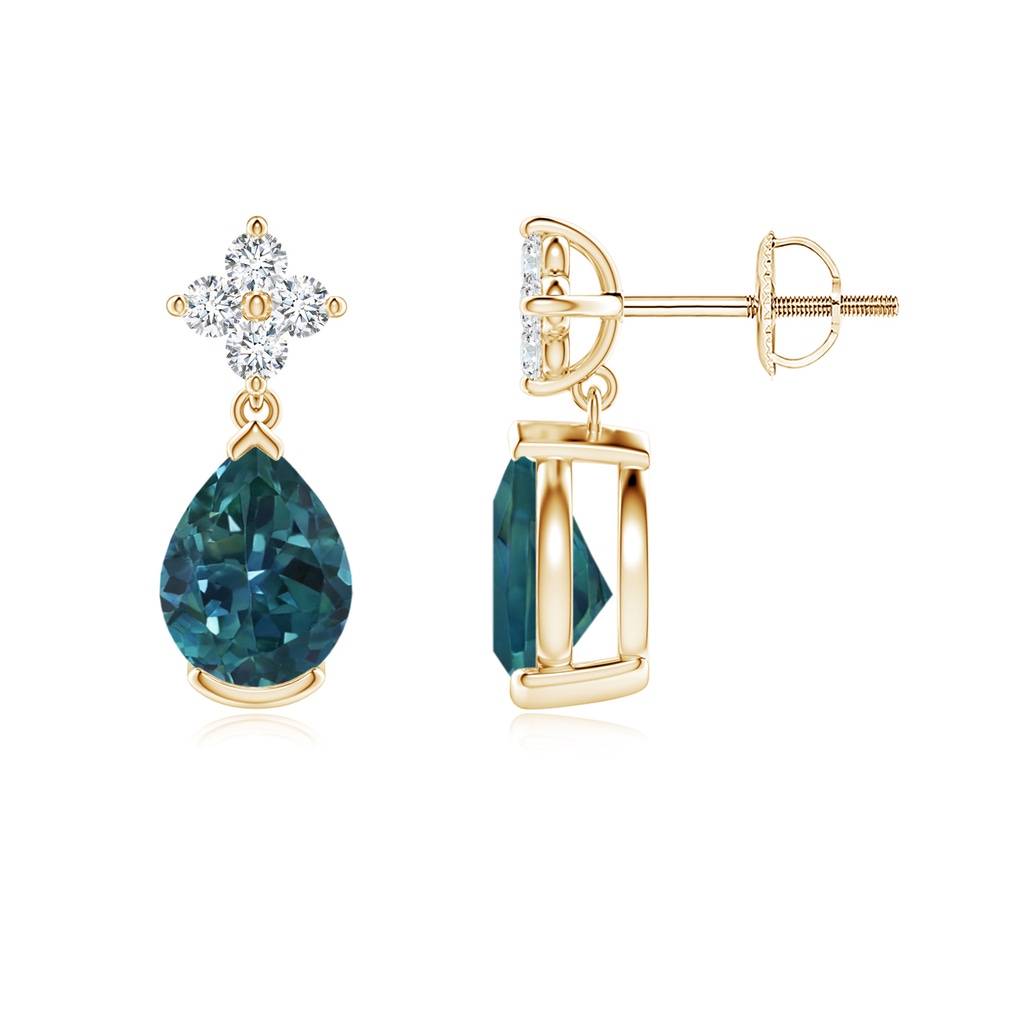 7x5mm AAA Pear-Shaped Teal Montana Sapphire Drop Earrings with Diamonds in Yellow Gold
