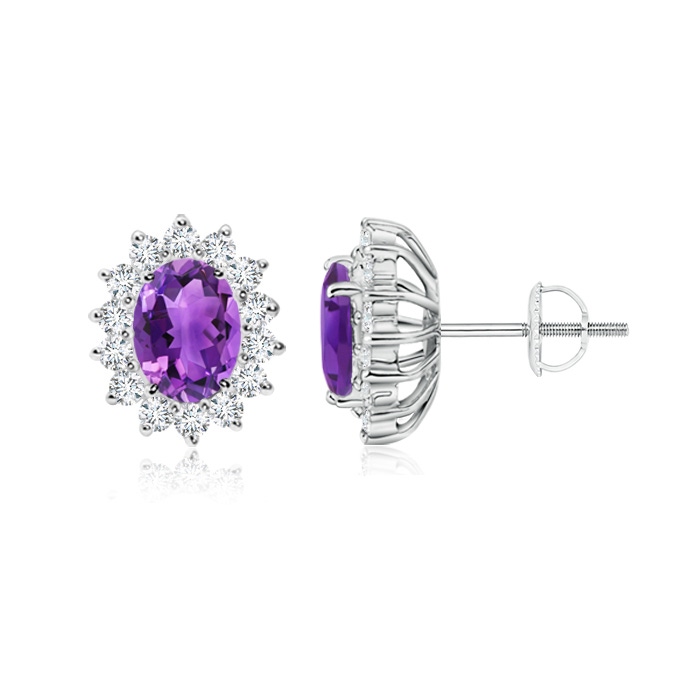 7x5mm AAA Oval Amethyst Flower Stud Earrings with Diamond Halo in White Gold