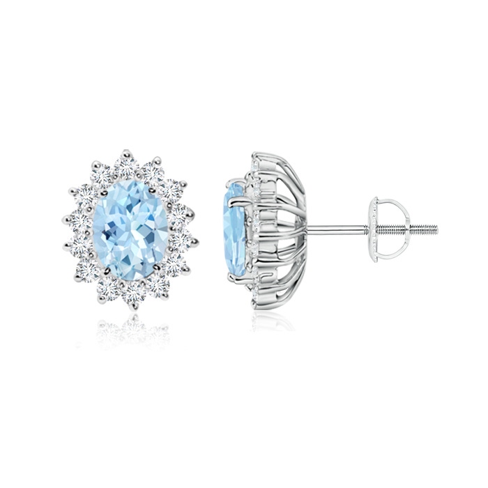 7x5mm AAA Oval Aquamarine Flower Stud Earrings with Diamond Halo in White Gold