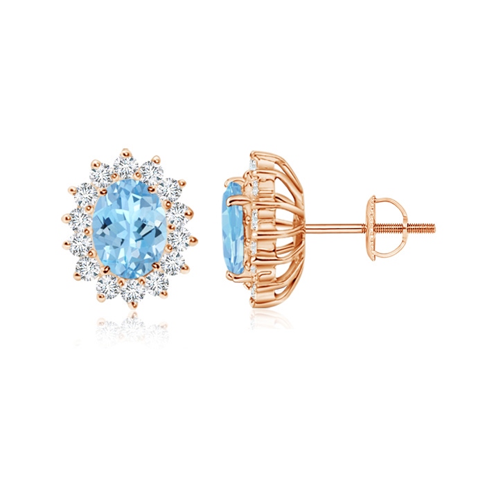 7x5mm AAAA Oval Aquamarine Flower Stud Earrings with Diamond Halo in Rose Gold