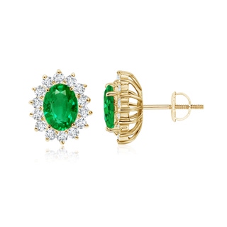 7x5mm AAA Oval Emerald Flower Stud Earrings with Diamond Halo in Yellow Gold
