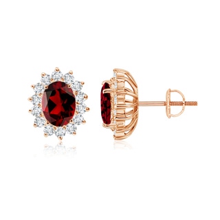 7x5mm AAAA Oval Garnet Flower Stud Earrings with Diamond Halo in Rose Gold