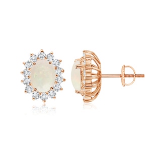 7x5mm A Oval Opal Flower Stud Earrings with Diamond Halo in 10K Rose Gold