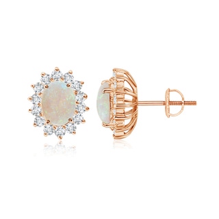 7x5mm AA Oval Opal Flower Stud Earrings with Diamond Halo in Rose Gold