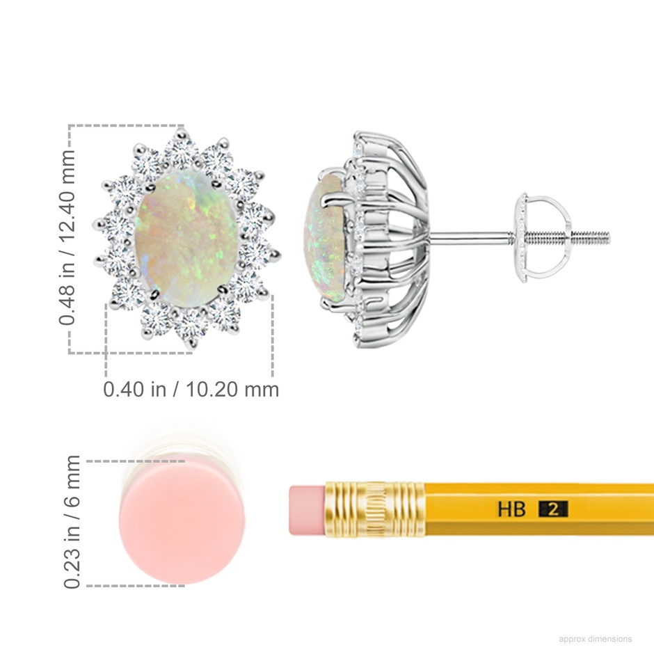 7x5mm AAA Oval Opal Flower Stud Earrings with Diamond Halo in 18K White Gold ruler